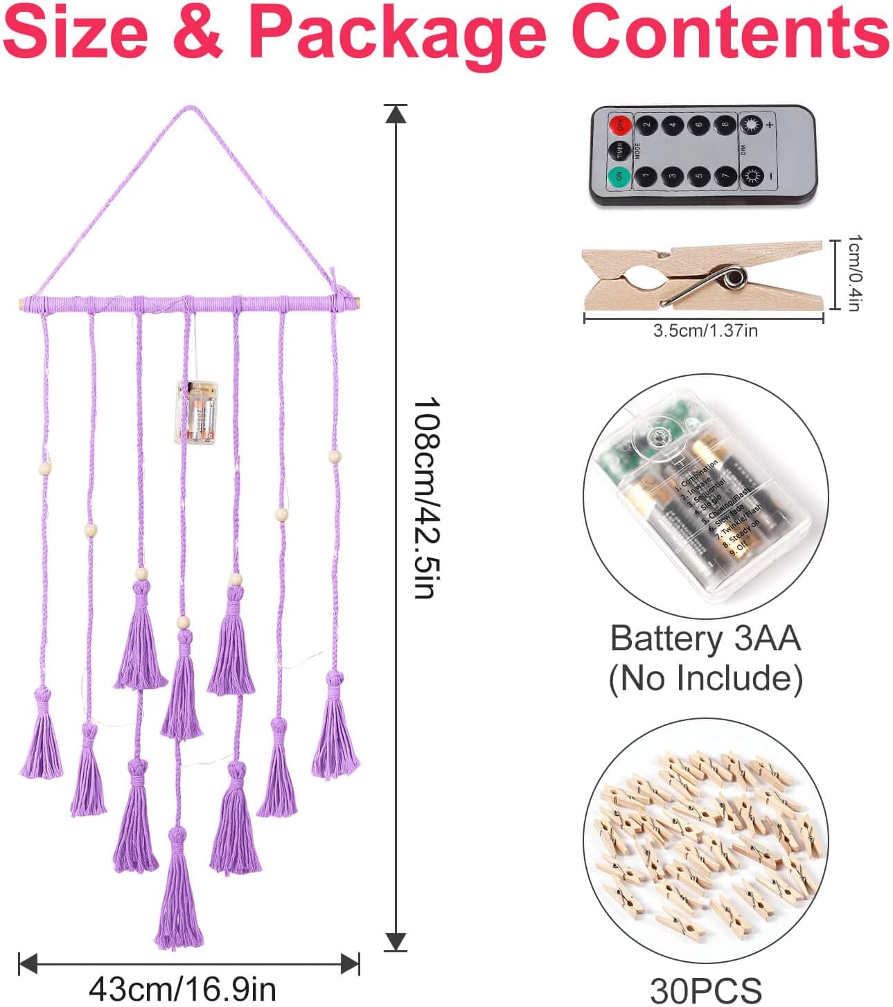 Hanging Photo Display Wall Decor, Macrame Wall Hanging Boho Room Bedroom Decor, Picture Frame Collage Board with Light 30 Clip, Christmas Gifts