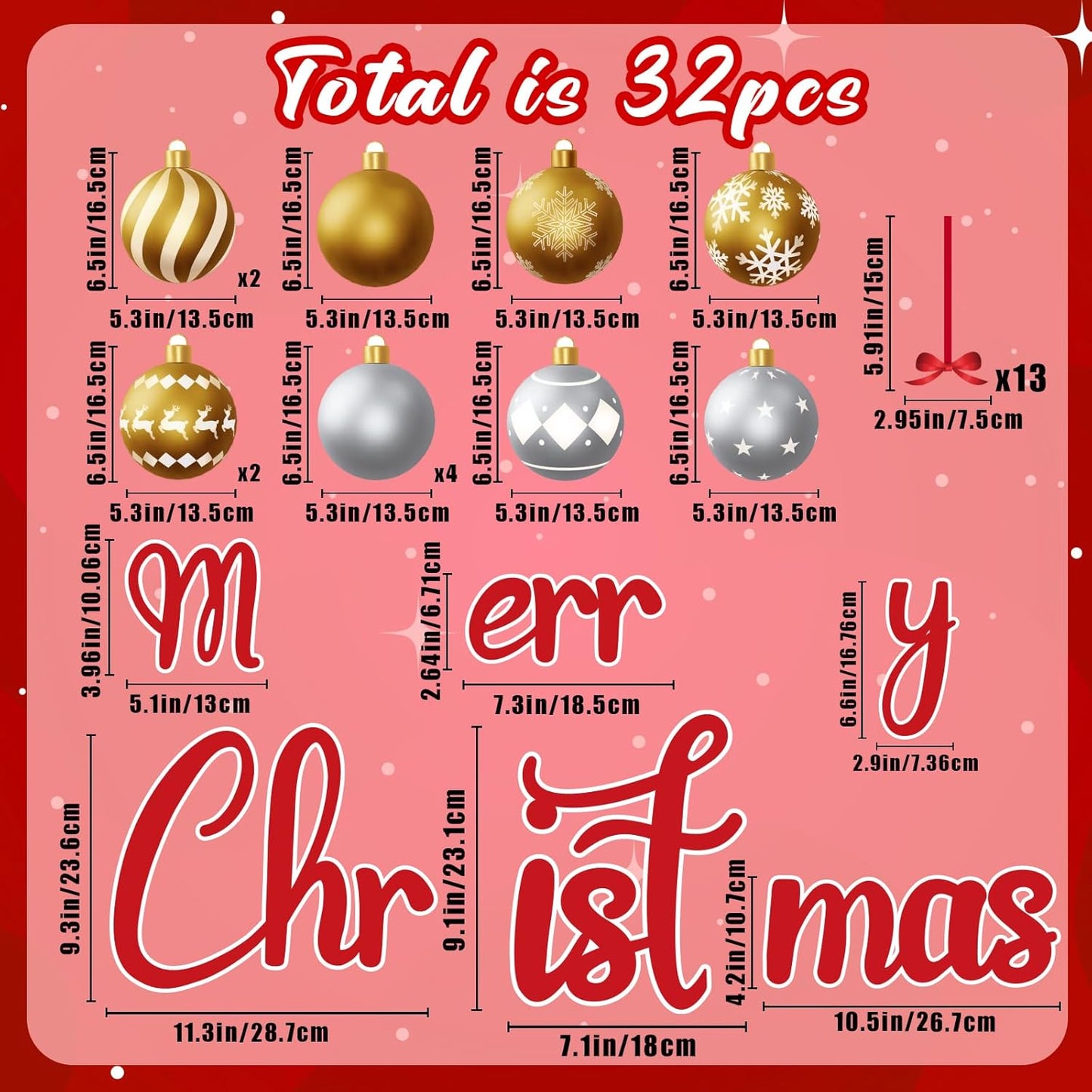 90shine 32PCS Christmas Garage Door Decorations Magnets - Merry Xmas Ball Holiday Refrigerator Fridge Kitchen Decor(Red, Silver)