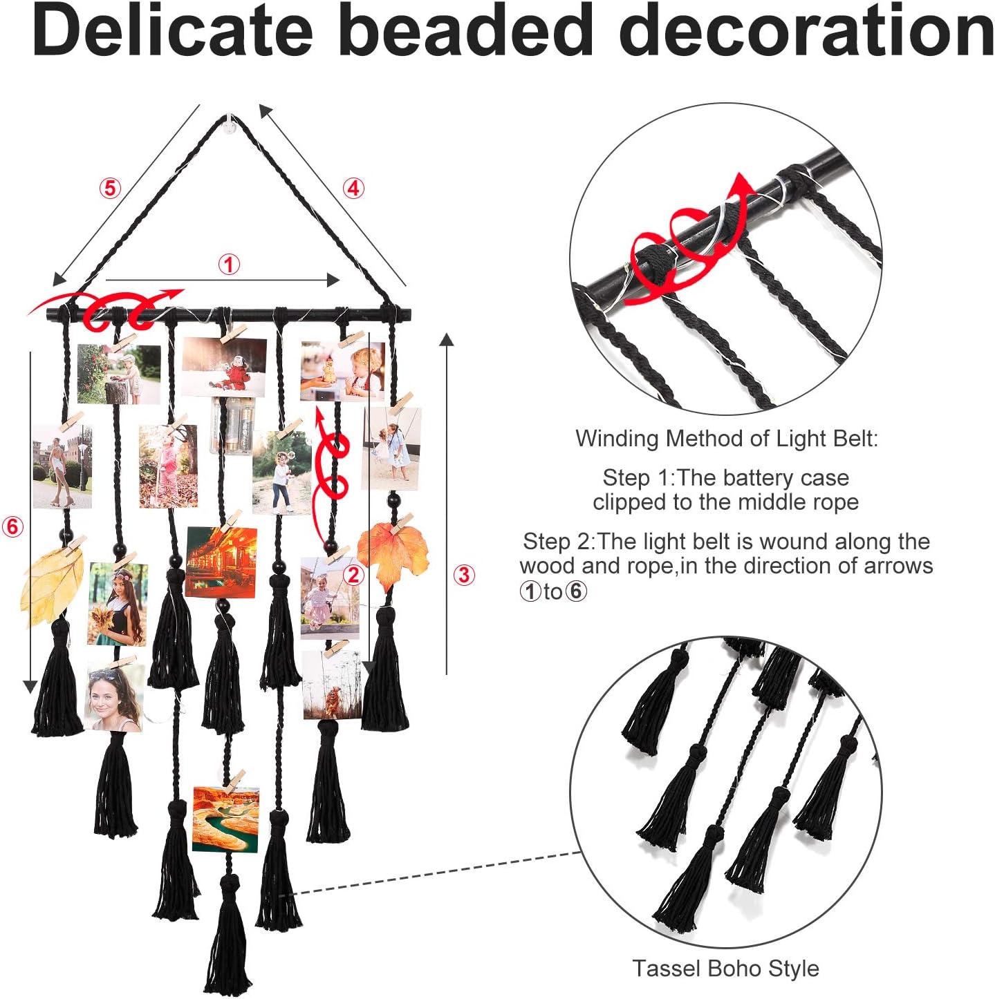 Hanging Photo Display Wall Decor, Macrame Wall Hanging Boho Room Bedroom Decor, Picture Frame Collage Board with Light 30 Clip, Christmas Gifts