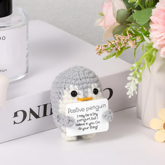 Mini Funny Positive Penguin, Cute Potato 2.6 Inch Knitted Penguin Toy with Positive Card Positive Penguin Crochet Doll Cheering Gift for Graduation Family Friend Encouragement Party Decoration(Gray)