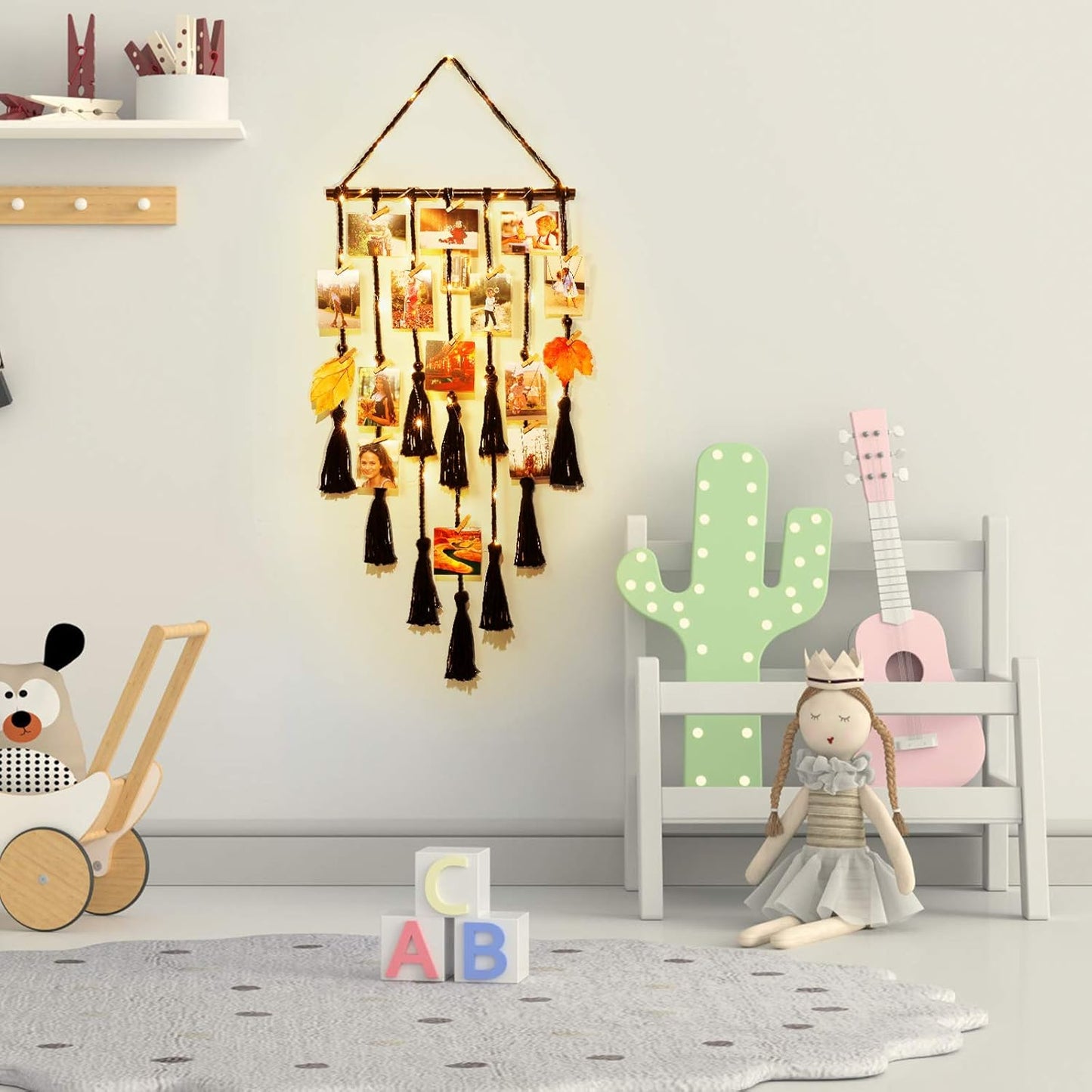 Hanging Photo Display Wall Decor, Macrame Wall Hanging Boho Room Bedroom Decor, Picture Frame Collage Board with Light 30 Clip, Christmas Gifts