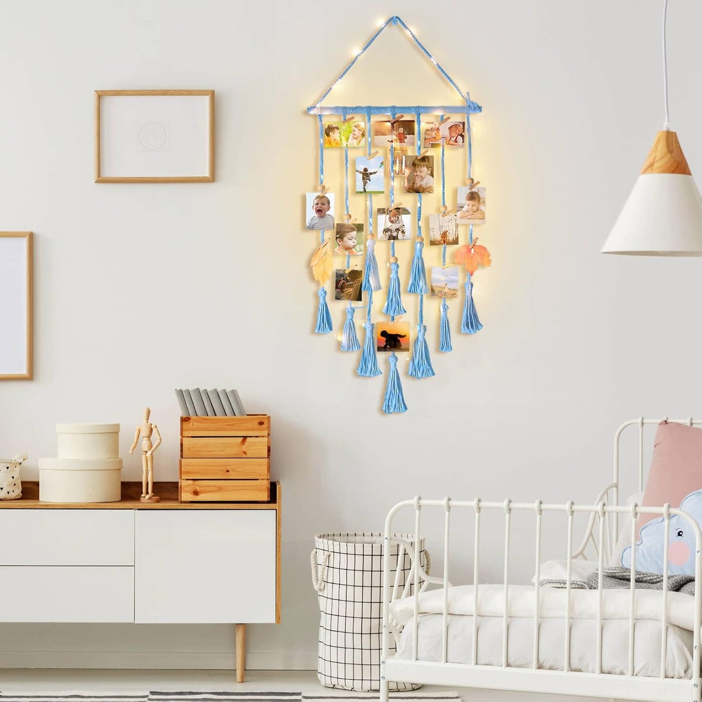 Hanging Photo Display Wall Decor, Macrame Wall Hanging Boho Room Bedroom Decor, Picture Frame Collage Board with Light 30 Clip, Christmas Gifts