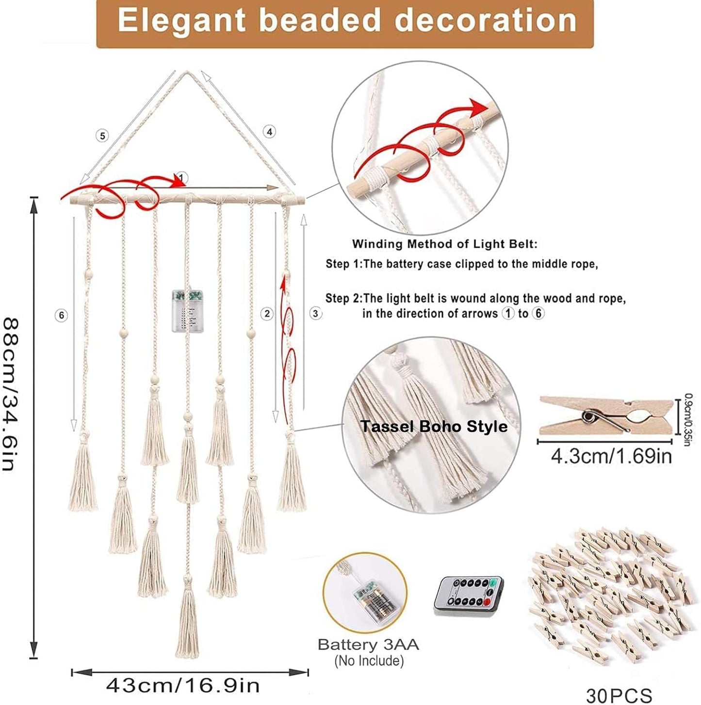 Hanging Photo Display Wall Decor, Macrame Wall Hanging Boho Room Bedroom Decor, Picture Frame Collage Board with Light 30 Clip, Christmas Gifts