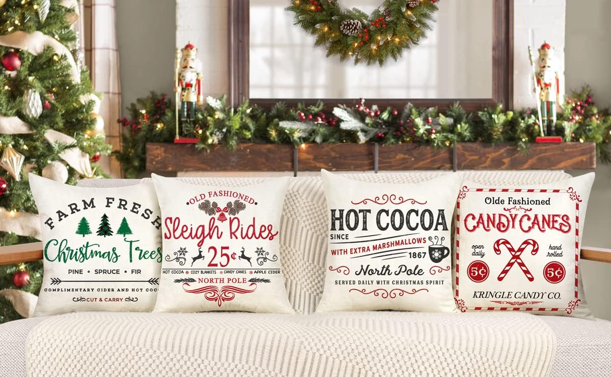 Farmhouse Christmas Pillow Covers 18x18 Set of 4 Winter Holiday Decorations Xmas Rustic Throw Cushion Case for Sofa Couch Home Decor (Sleigh Rides, Farm Fresh Tree, Cocoa, Candy Canes)