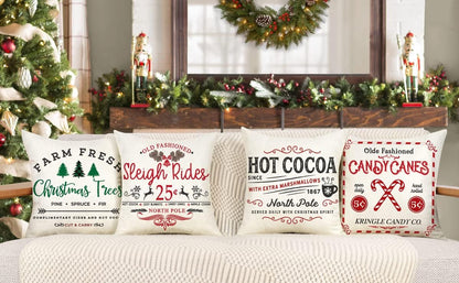 Farmhouse Christmas Pillow Covers 18x18 Set of 4 Winter Holiday Decorations Xmas Rustic Throw Cushion Case for Sofa Couch Home Decor (Sleigh Rides, Farm Fresh Tree, Cocoa, Candy Canes)