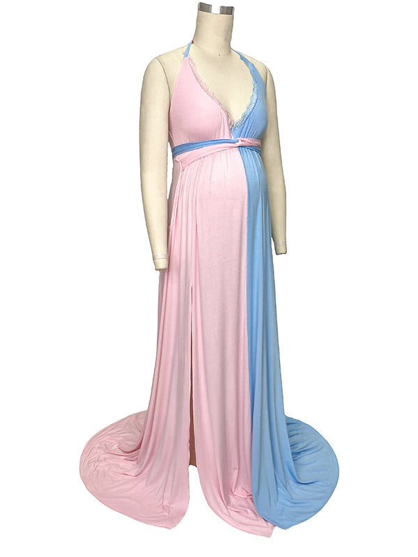 Pink&Blue Lace Backless Side Slit Gender Reveal Cute Maternity Maxi Dress