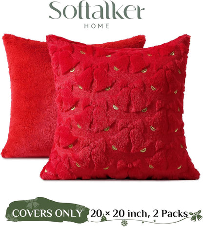 Christmas Throw Pillow Covers Xmas Winter Christmas Tree Faux Fur Cushion Covers, 3D Embroidered Pillow Cases