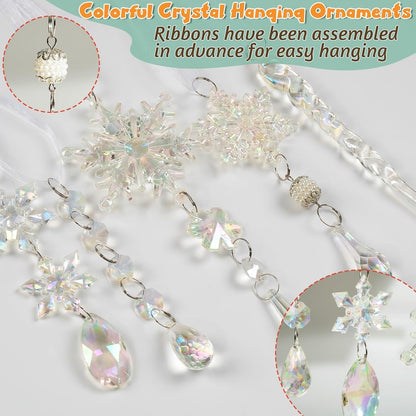 18pcs Christmas Tree Decoration Crystal Ornaments - Hanging Acrylic Christmas Snowflake Icicle Drop Crystal Ornaments for Xmas Tree Winter New Year Party Supplies
