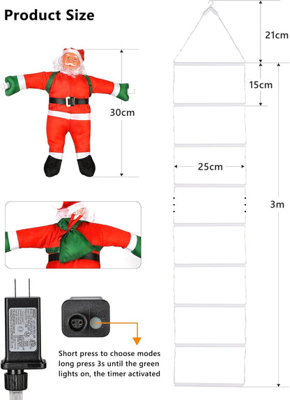 LED Christmas Lights - 10ft Christmas Decorative Ladder Lights with Santa Claus, Xmas Decorations Light for Indoor Outdoor, Window, Garden, Home, Wall, Xmas Tree Decor - Warm White