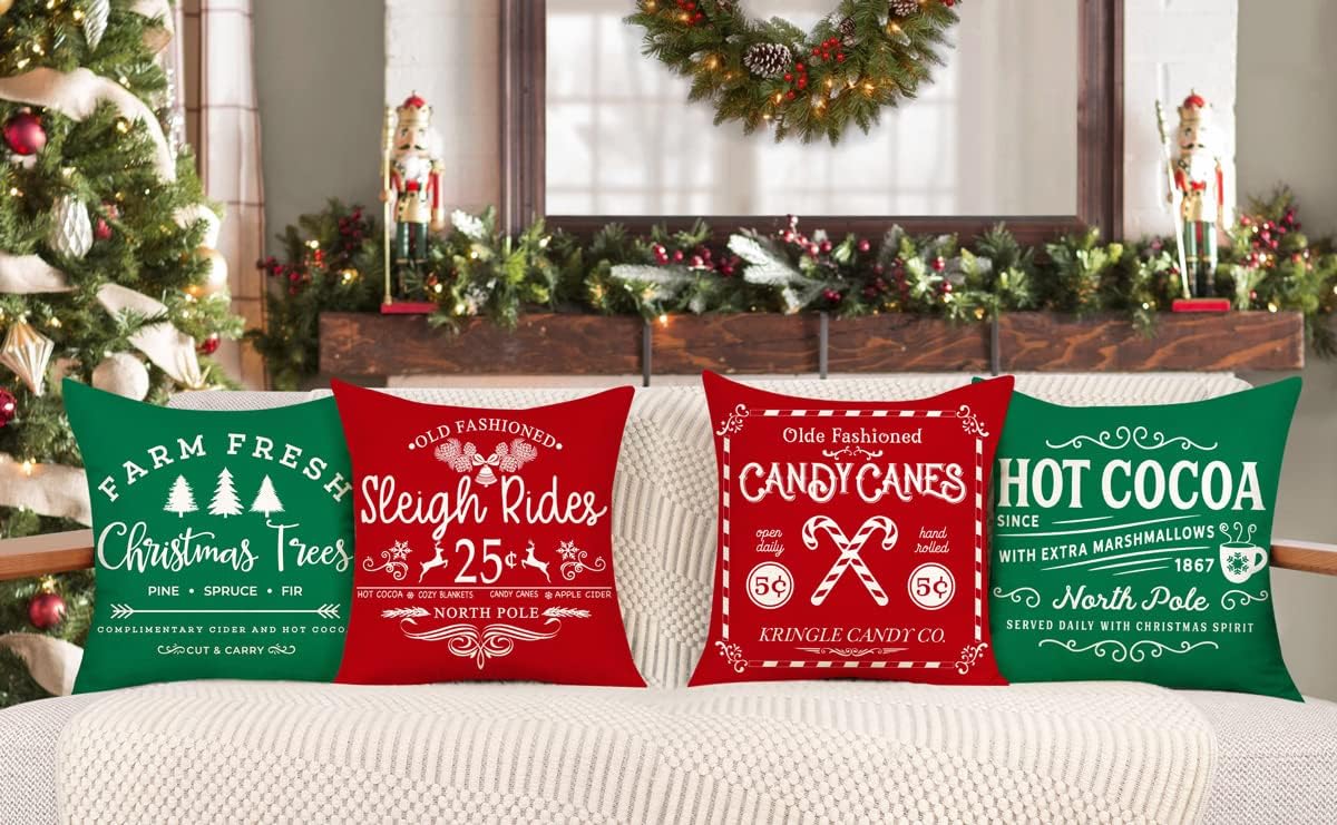 Farmhouse Christmas Pillow Covers 18x18 Set of 4 Winter Holiday Decorations Xmas Rustic Throw Cushion Case for Sofa Couch Home Decor (Sleigh Rides, Farm Fresh Tree, Cocoa, Candy Canes)