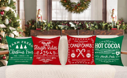 Farmhouse Christmas Pillow Covers 18x18 Set of 4 Winter Holiday Decorations Xmas Rustic Throw Cushion Case for Sofa Couch Home Decor (Sleigh Rides, Farm Fresh Tree, Cocoa, Candy Canes)