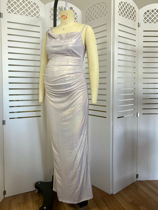 Champagne Asymmetric Shoulder Straps Belly Friendly Mermaid Ruched Cowl Neck Photoshoot Babyshower Maternity Maxi Dress