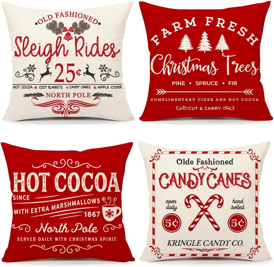 Farmhouse Christmas Pillow Covers 18x18 Set of 4 Winter Holiday Decorations Xmas Rustic Throw Cushion Case for Sofa Couch Home Decor (Sleigh Rides, Farm Fresh Tree, Cocoa, Candy Canes)