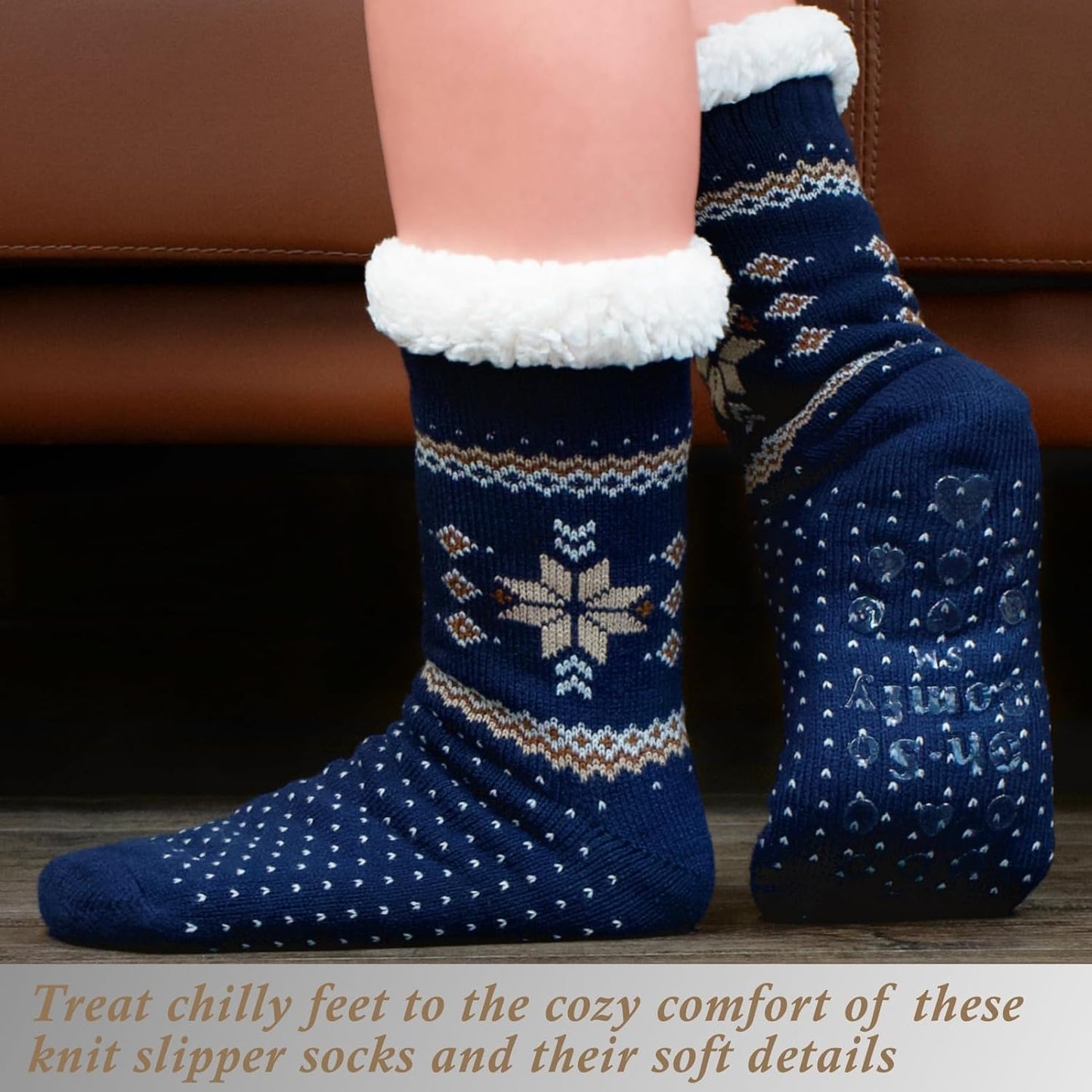 Women's Fuzzy Slipper Socks with Non-Slip Grippers, Cozy Fluffy Sherpa Lined, Cute Christmas Gifts
