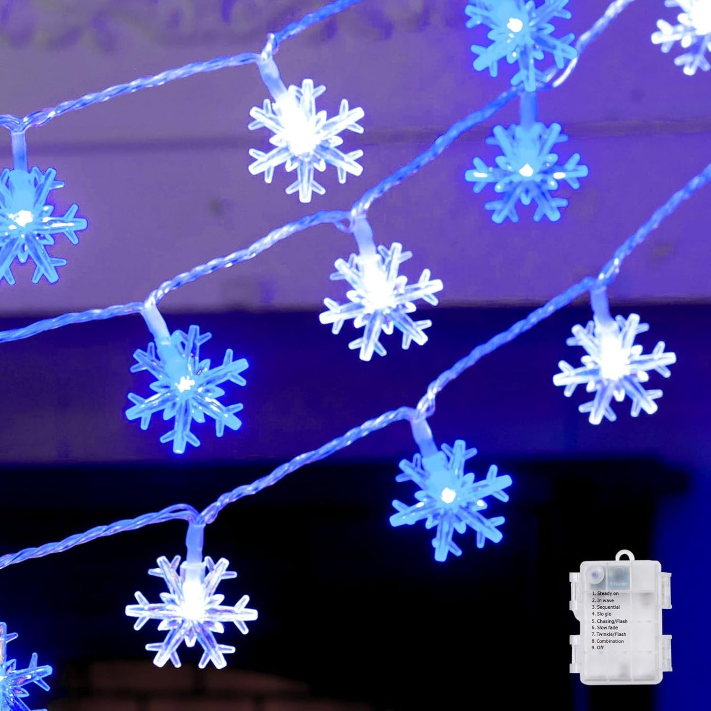 2 Pack Christmas Snowflakes Lights, 26 Ft 50 LED Snowflake String Lights Battery Operated, 8 Lighting Modes Waterproof Shatterproof Fairy Light for Bedroom Home Indoor Outdoor Xmas Christmas Decor