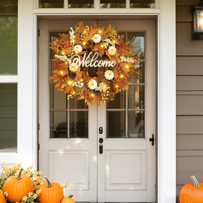 Waipfaru Fall Wreaths for Front Door - 20'' Autumn Wreath with Lights & Welcome Sign & Timer Function, Fall Leaf Reef Farmhouse Thanksgiving Decor for Outdoor Porch Patio