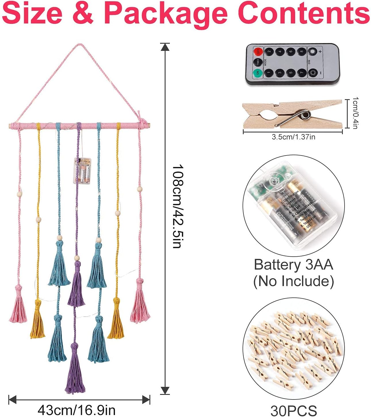 Hanging Photo Display Wall Decor, Macrame Wall Hanging Boho Room Bedroom Decor, Picture Frame Collage Board with Light 30 Clip, Christmas Gifts