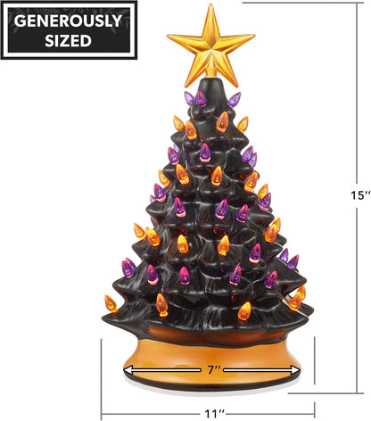 Casafield Hand-Painted Ceramic Halloween Tree, 15-Inch Pre-Lit Decoration with 128 Multi-Color Lights, Jack-O-Lantern and Star Toppers