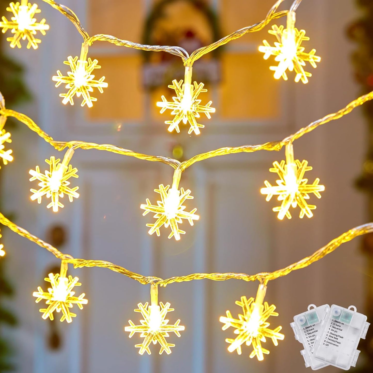 2 Pack Christmas Snowflakes Lights, 26 Ft 50 LED Snowflake String Lights Battery Operated, 8 Lighting Modes Waterproof Shatterproof Fairy Light for Bedroom Home Indoor Outdoor Xmas Christmas Decor
