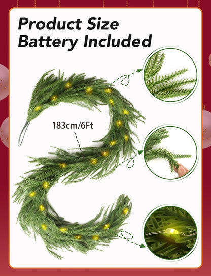 2025 Upgraded 6 Ft Artificial Norfolk Pine Garlands, Real Touch Winter Pine Garland, for Staircase, Table, Mantle, Wall, Indoor, Outdoor Christmas Decorations, Flower Arranging(1 Pack Without Light)