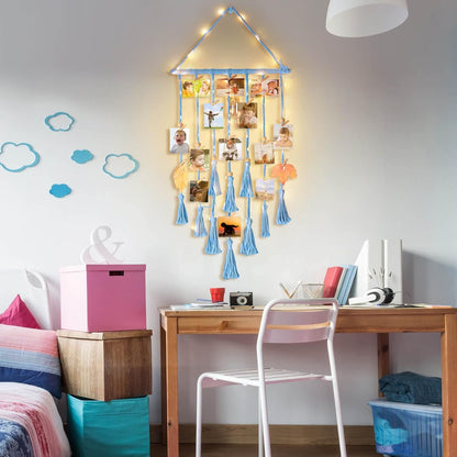 Hanging Photo Display Wall Decor, Macrame Wall Hanging Boho Room Bedroom Decor, Picture Frame Collage Board with Light 30 Clip, Christmas Gifts