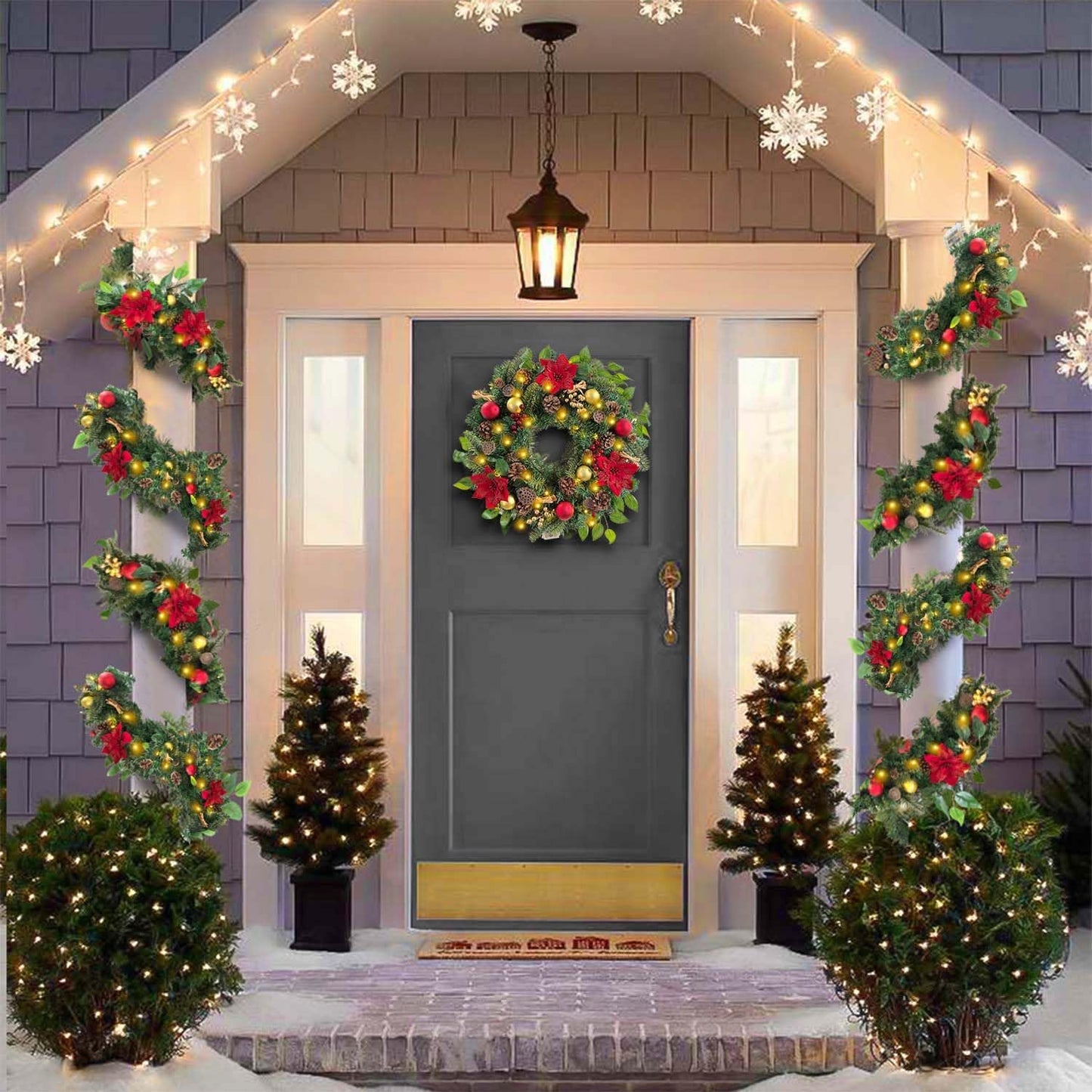 Pre-Lit 24 Inch Lighted Christmas Wreath for Front Door Champagne Gold Christmas Door Wreath Decor with Ball Ornaments, Poinsettia Flowers,Ribbon,Pine Cones,Battery Operated 30 LED Lights
