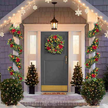 Pre-Lit 24 Inch Lighted Christmas Wreath for Front Door Champagne Gold Christmas Door Wreath Decor with Ball Ornaments, Poinsettia Flowers,Ribbon,Pine Cones,Battery Operated 30 LED Lights