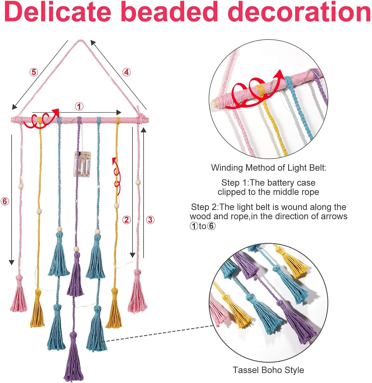 Hanging Photo Display Wall Decor, Macrame Wall Hanging Boho Room Bedroom Decor, Picture Frame Collage Board with Light 30 Clip, Christmas Gifts