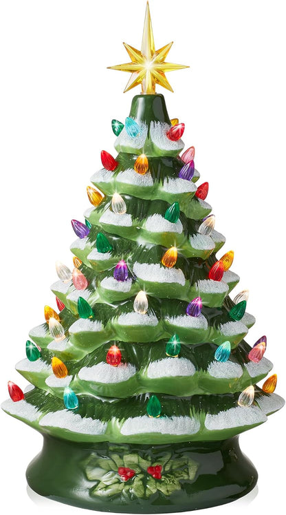 Hand Painted Ceramic Christmas Tree, Pink 15-Inch Pre-Lit Tree with 128 Multi Color Lights and 2 Star Toppers