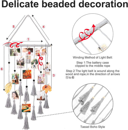 Hanging Photo Display Wall Decor, Macrame Wall Hanging Boho Room Bedroom Decor, Picture Frame Collage Board with Light 30 Clip, Christmas Gifts