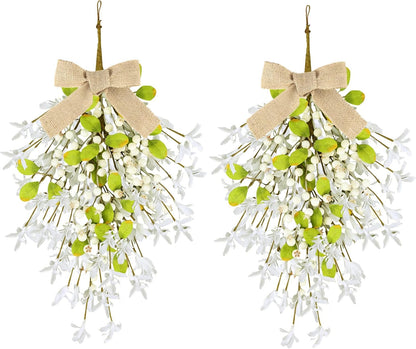 24" Christmas Wreaths for Front Door 2 PCS Christmas Teardrop Swag Winter Wreath with Red Ball Red Berry Pine Needles for Indoor Outdoor Farmhouse Home Wall Window Festival Wedding Decor