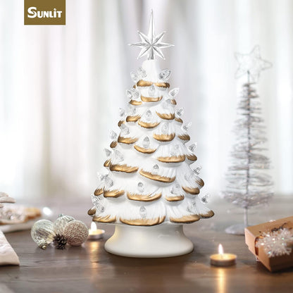 Cordless Lighted Glitter Ceramic Christmas Tree Vintage Tabletop Christmas Decoration Pre-Lit Colorful Mini Light Bulbs 13'' Traditional AA Battery Operated LED - White and Light Blue