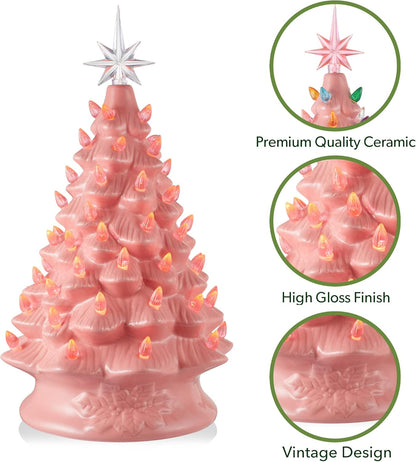 Hand Painted Ceramic Christmas Tree, Pink 15-Inch Pre-Lit Tree with 128 Multi Color Lights and 2 Star Toppers