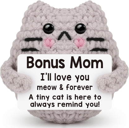Crochet Cat Easter Basket Stuffers Positive Cat Crochet for Friend for Mom Grandma Dad Grandpa Daughter Son Gifts, Emotional Coworker Sister Brother Support Small Birthday Gifts