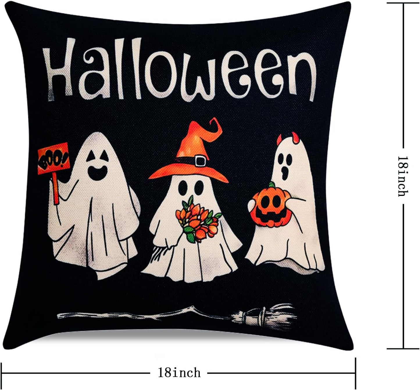Ghost Halloween Decor-Throw Pillow Covers 18x18 in Set of 4,Spooky Gothic Linen Pillow Case for Couch Fall Christmas Holiday Outdoor Burnt Orange Black White Decorations