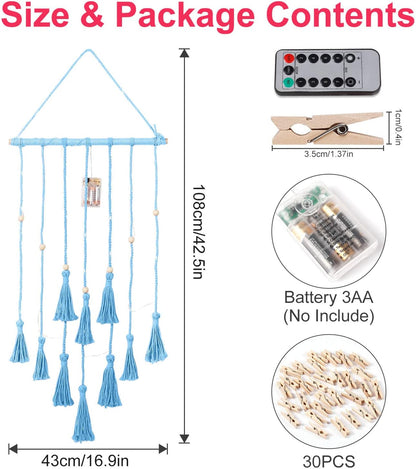Hanging Photo Display Wall Decor, Macrame Wall Hanging Boho Room Bedroom Decor, Picture Frame Collage Board with Light 30 Clip, Christmas Gifts