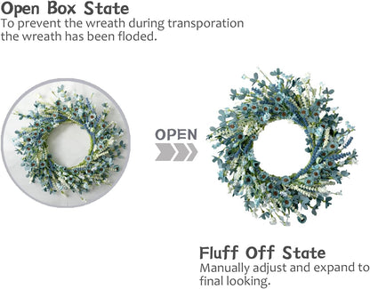 Bibelot 20 Inch Spring Wreath Blue with Green Leaves Wreaths Blue Daisy Artificial Grains White Flower Wreath for Front Door Wreaths,Farmhouse Decor Indoor&Outdoor Wedding Wall Home Decor