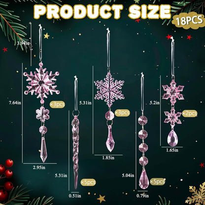 18pcs Christmas Tree Decoration Crystal Ornaments - Hanging Acrylic Christmas Snowflake Icicle Drop Crystal Ornaments for Xmas Tree Winter New Year Party Supplies