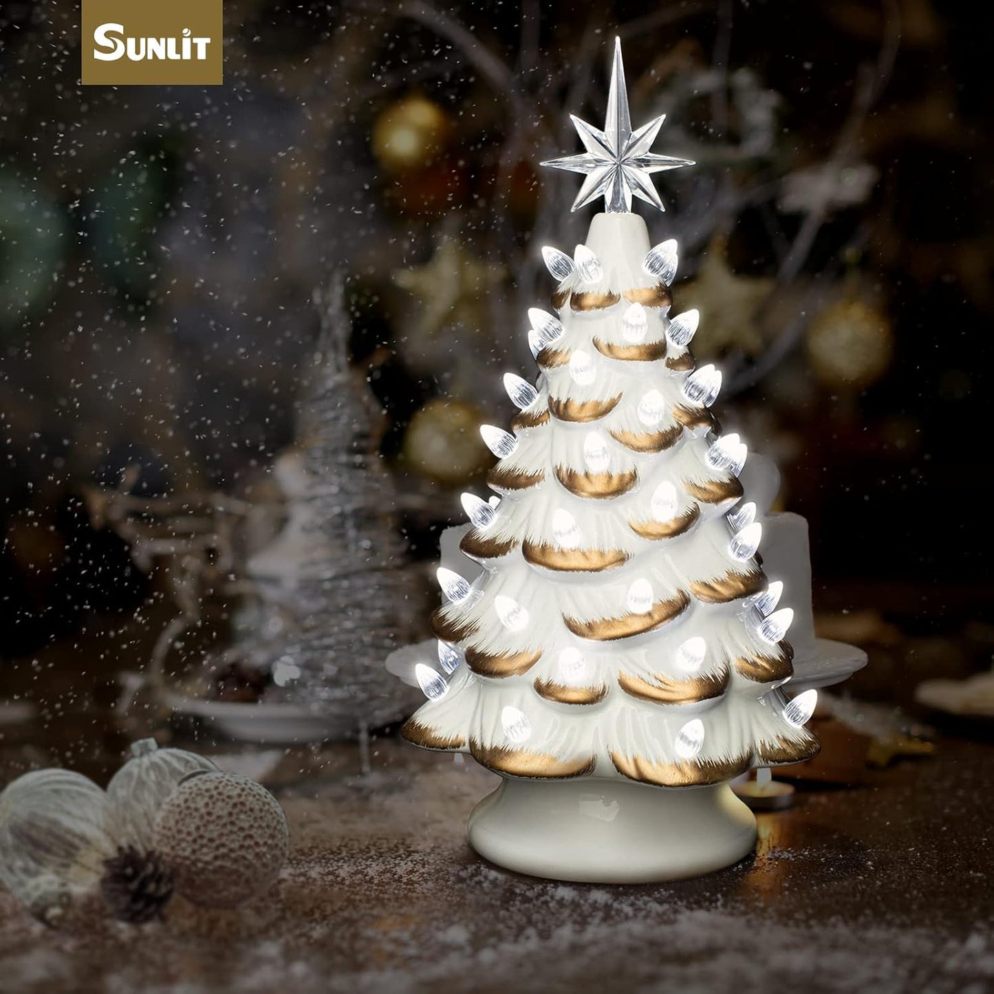 Cordless Lighted Glitter Ceramic Christmas Tree Vintage Tabletop Christmas Decoration Pre-Lit Colorful Mini Light Bulbs 13'' Traditional AA Battery Operated LED - White and Light Blue