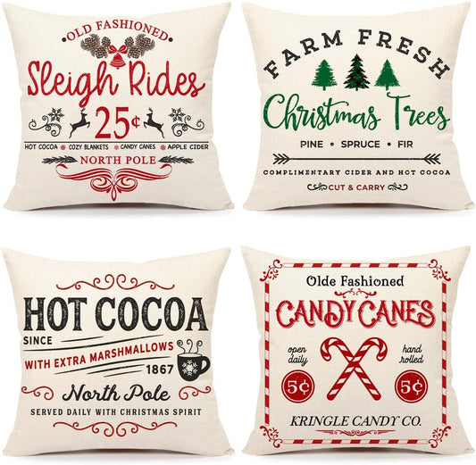 Farmhouse Christmas Pillow Covers 18x18 Set of 4 Winter Holiday Decorations Xmas Rustic Throw Cushion Case for Sofa Couch Home Decor (Sleigh Rides, Farm Fresh Tree, Cocoa, Candy Canes)