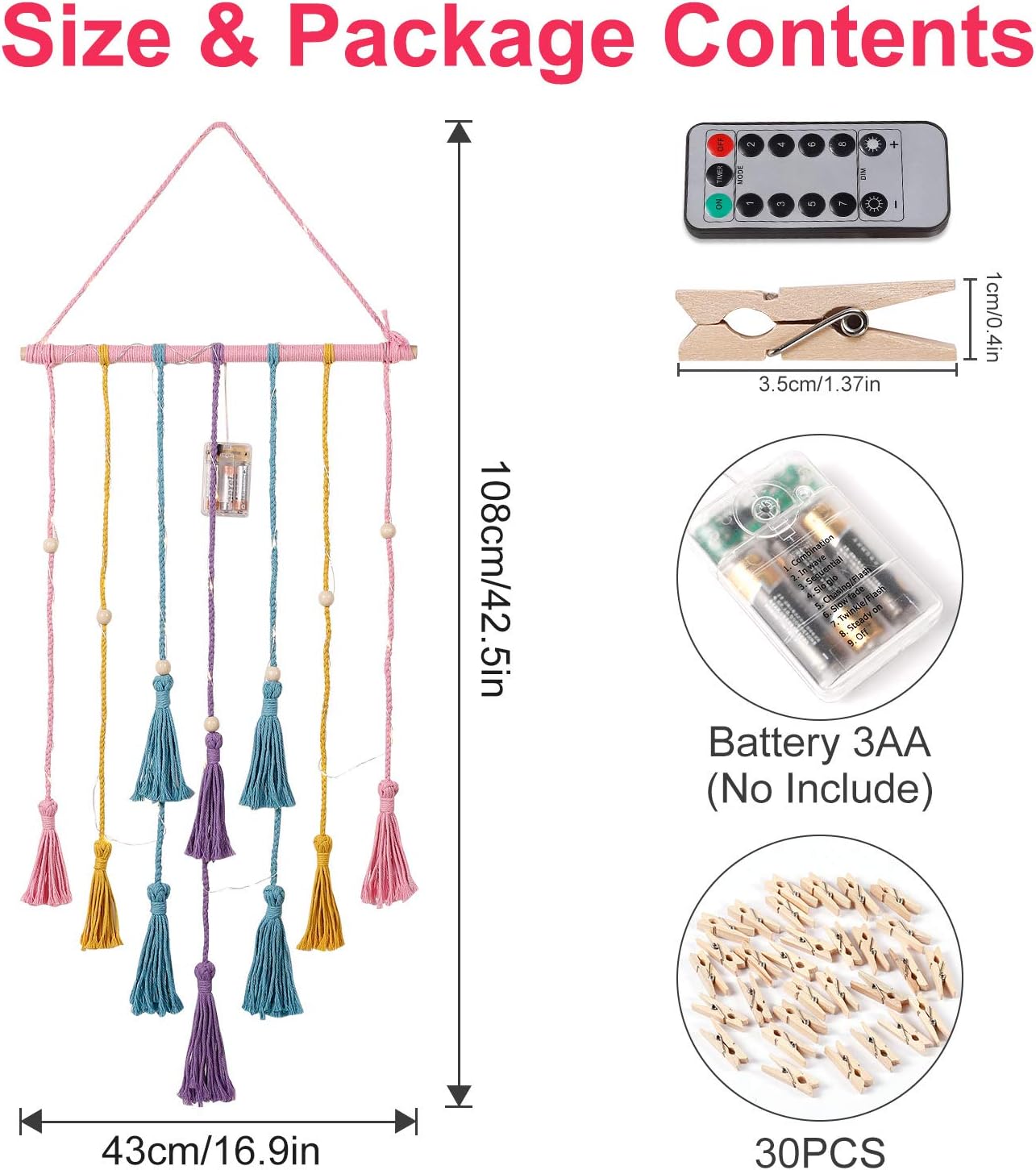 Hanging Photo Display Wall Decor, Macrame Wall Hanging Boho Room Bedroom Decor, Picture Frame Collage Board with Light 30 Clip, Christmas Gifts