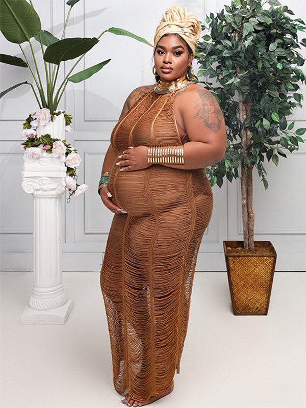 Sheer Backless Tassel Crochet Halter Neck Sleeveless Beach Cover Ups Plus Size Photoshoot Maternity Maxi Dress