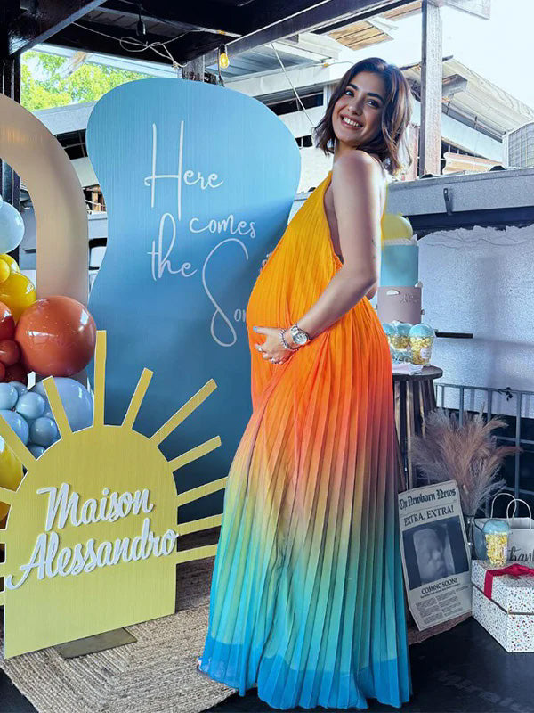 Halter Neck Gradient Color Backless Vacation Dress Pleated Baby Shower Maternity Maxi Dress