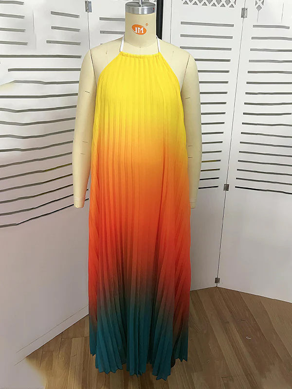 Halter Neck Gradient Color Backless Vacation Dress Pleated Baby Shower Maternity Maxi Dress