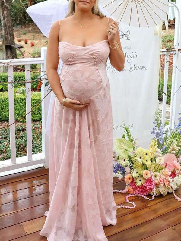 Pink Spaghetti Strap Backless Sheer Big Swing Chic Maternity Maxi Dress