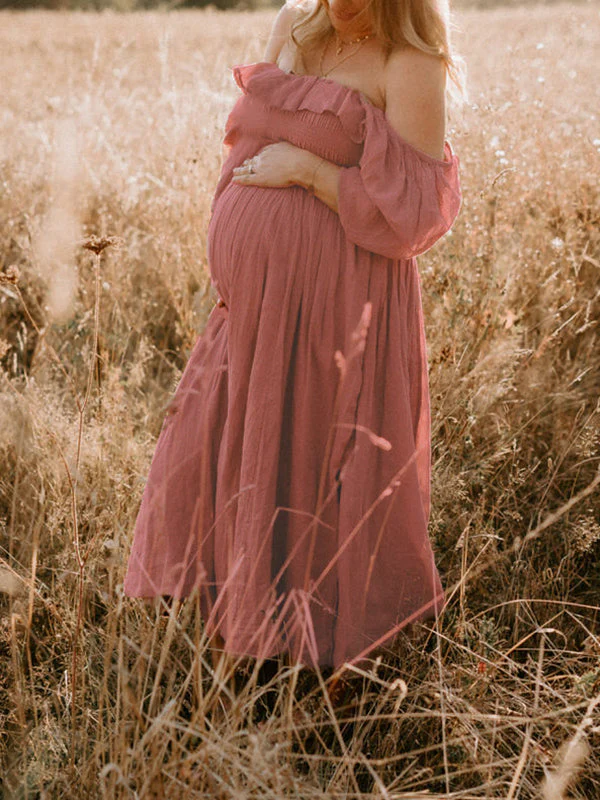 Pink Boho Flowy Bump Friendly Off Shoulder Photoshoots Maxi Dress