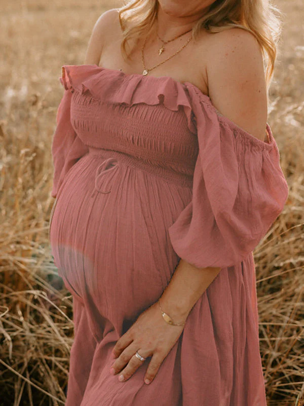 Pink Boho Flowy Bump Friendly Off Shoulder Photoshoots Maxi Dress
