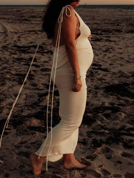 Apricot Spaghetti Strap Backless Photoshoot Bodycon Lace Up Maternity Maxi Dress