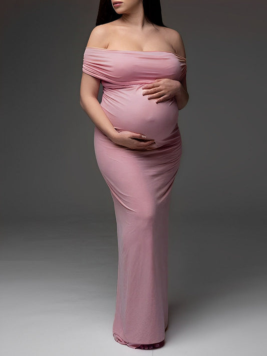 Pink Off Shoulder Belly Friendly Ruched Boat Neck Bodycon Photoshoot Maternity Maxi Dress