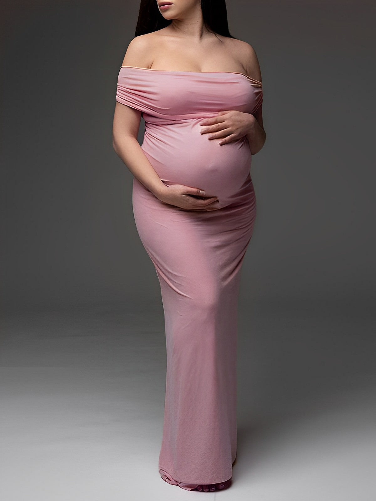 Pink Off Shoulder Belly Friendly Ruched Boat Neck Bodycon Photoshoot Maternity Maxi Dress